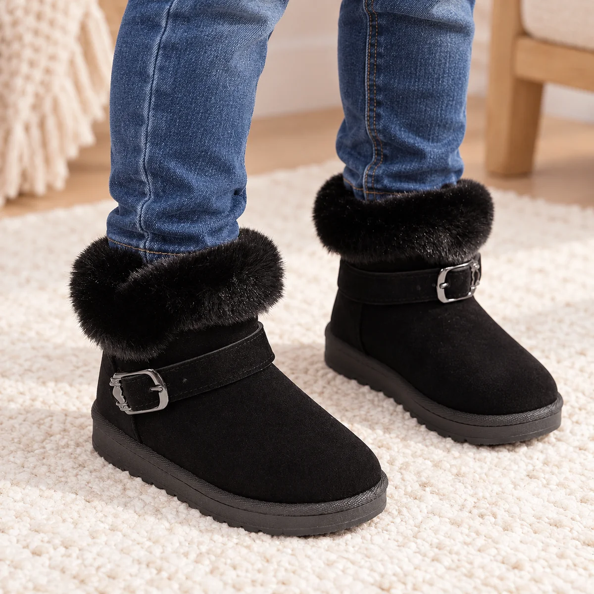 Fille portant des bottines fourrées avec revers douillet couleur noire