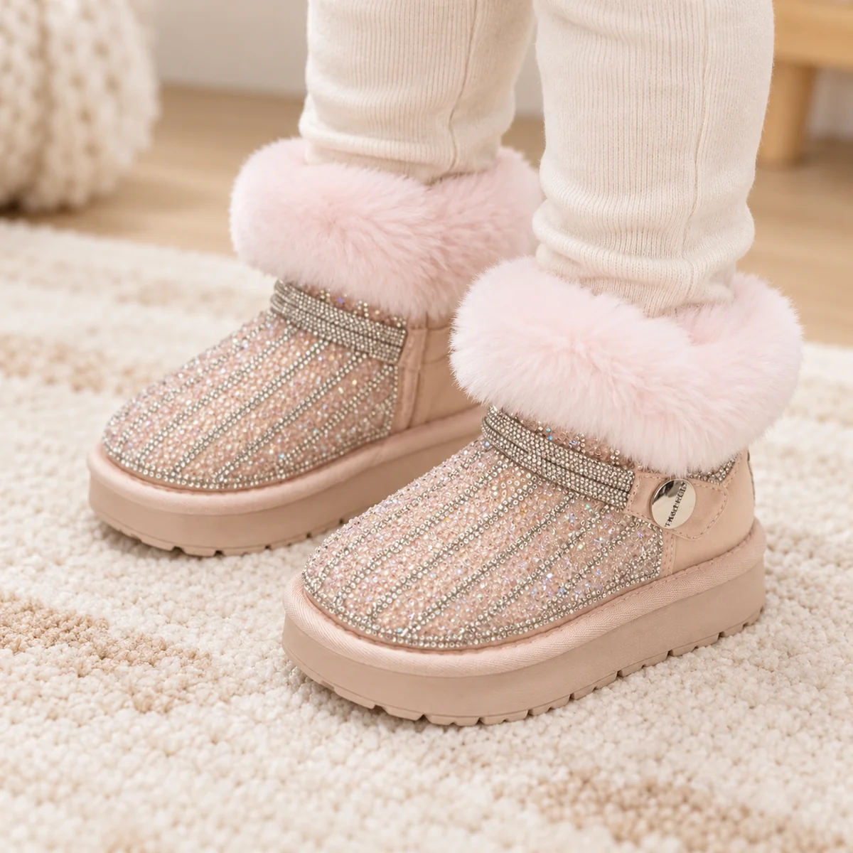 Chaussures hiver fille à sequins roses et fourrure chaude