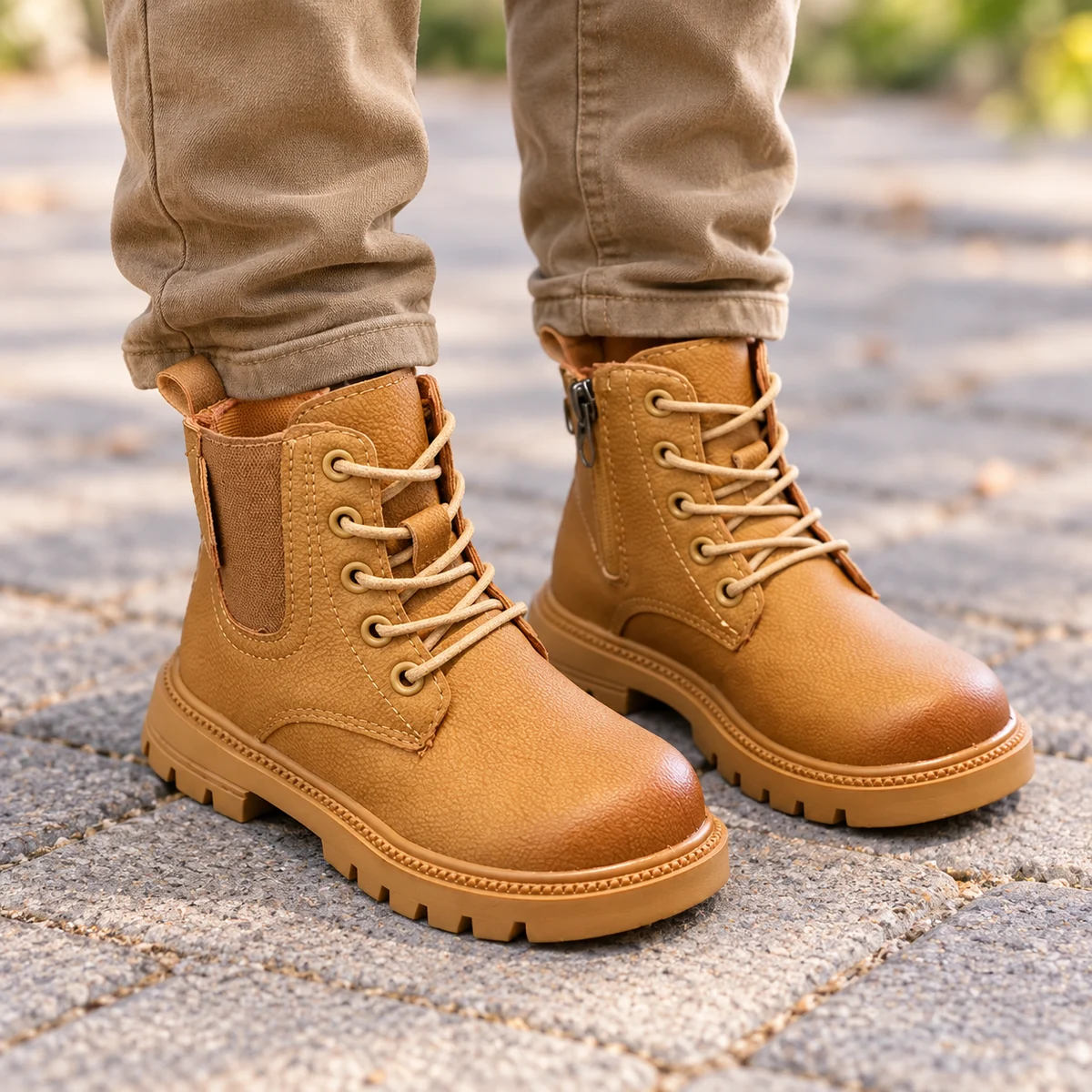 Close-up de bottines pour garçon camel avec détails de coutures visibles