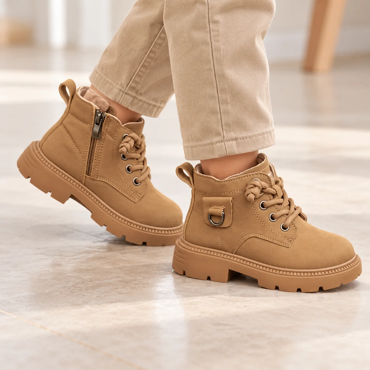 Chaussures garçon camel avec lacets et zip latéral pour l'automne