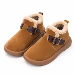 Bottines garçon camel fourrées avec bride et boucle pour hiver
