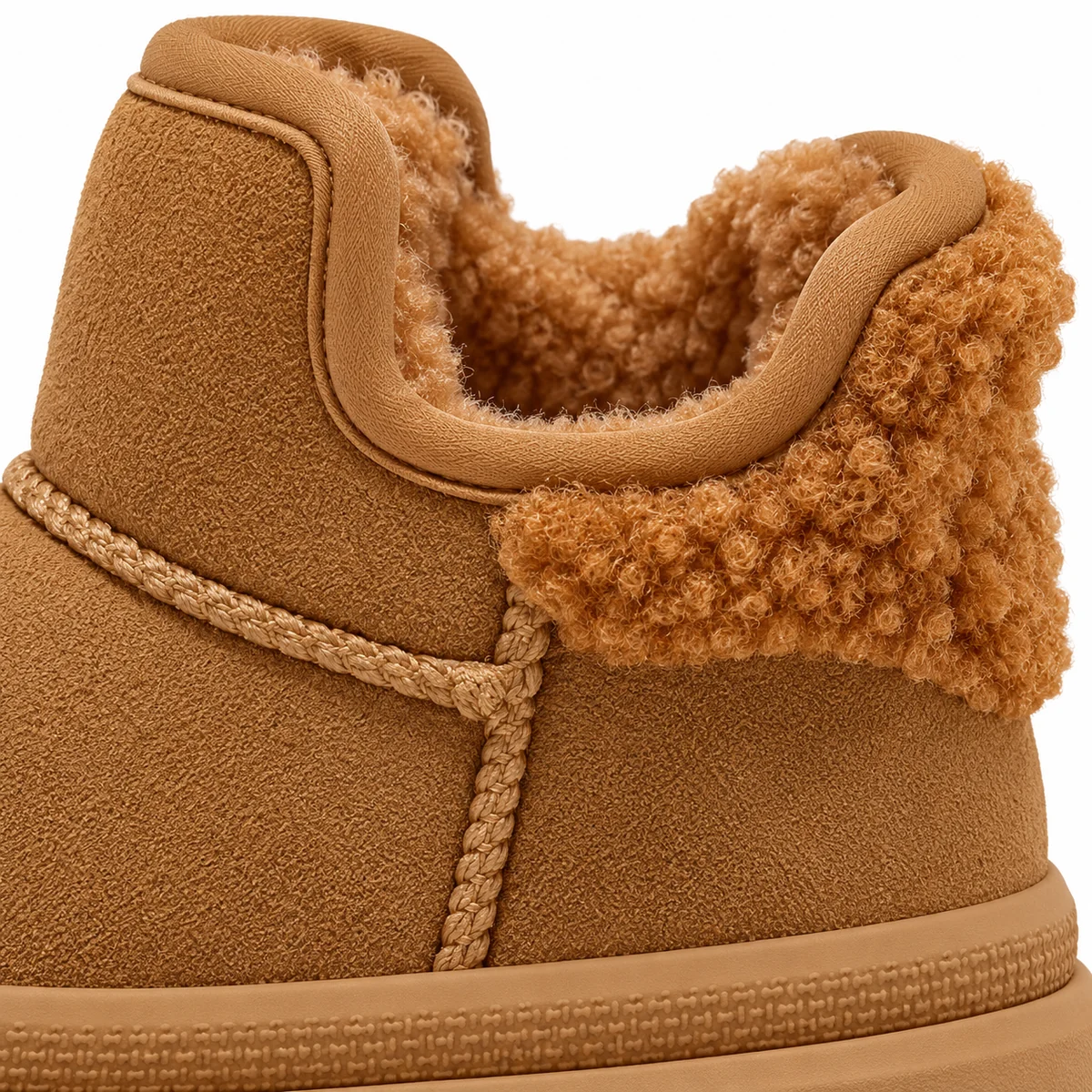 Détail de la texture du col en tissu des bottines garçon camel fourrées