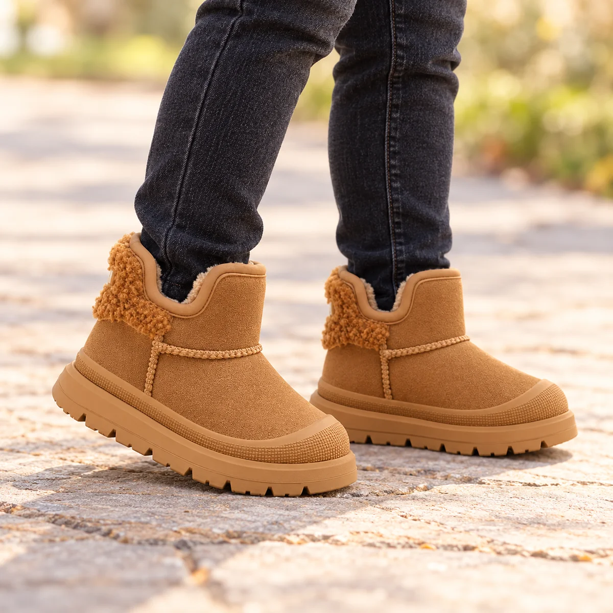 Close-up de bottines garçon camel fourrées à col en tissu texturé