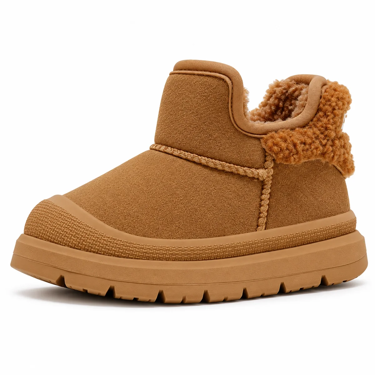 Bottines garçon camel fourrées avec col texturé en cuir doux