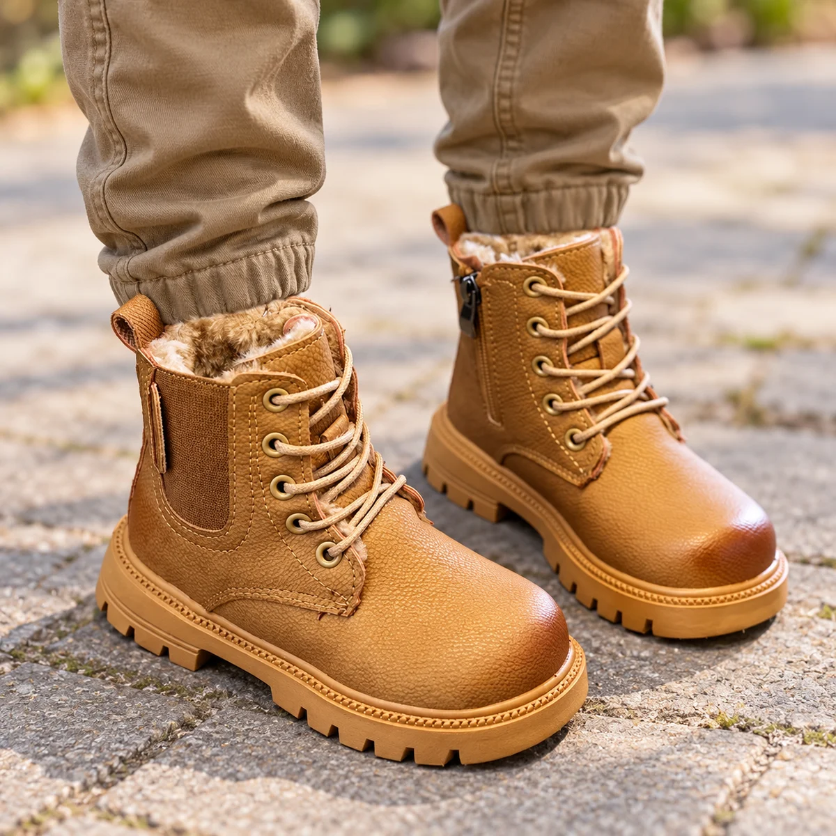 Bottines garçon fourrées camel avec lacets et fermeture zip pratique
