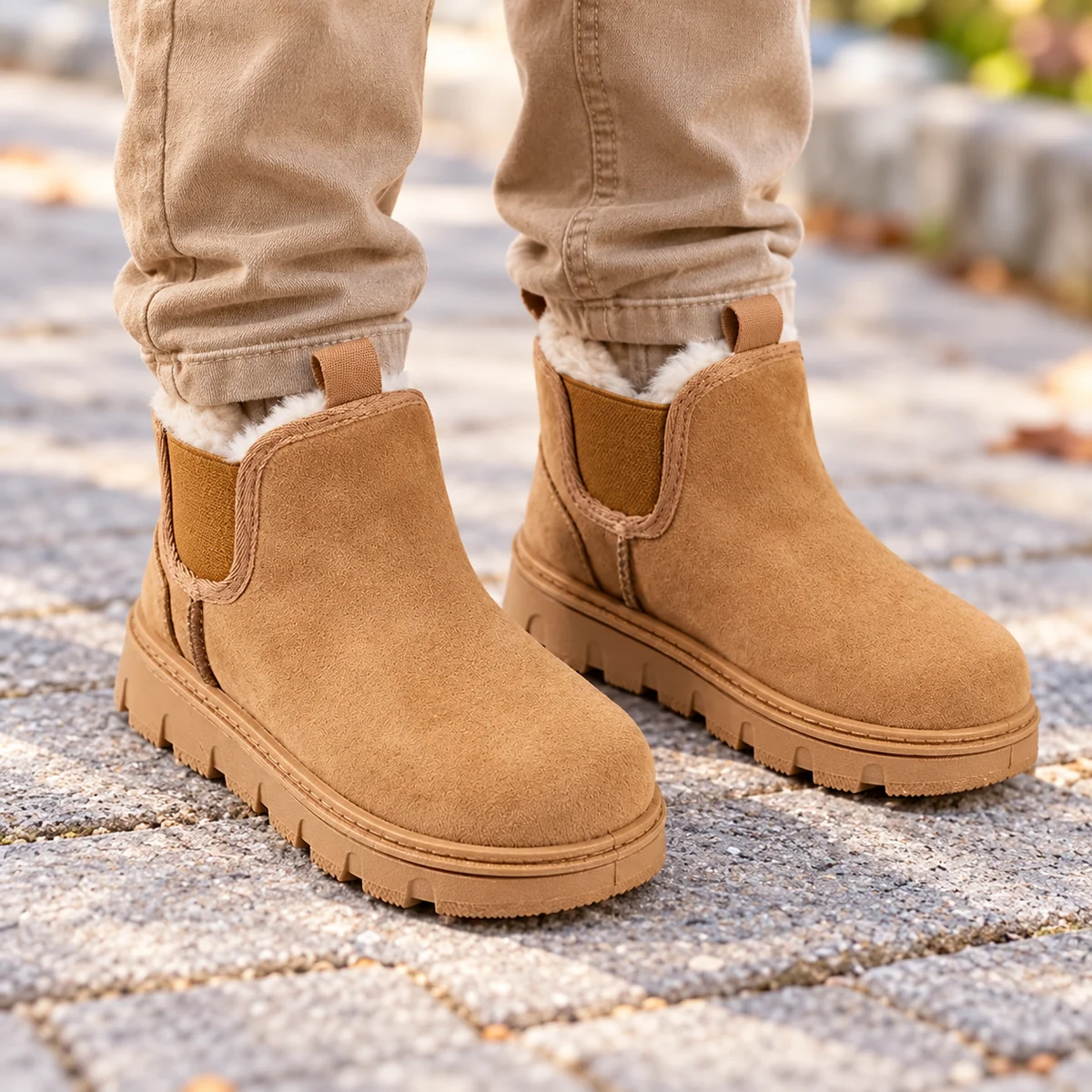 Chaussures hiver pour garçon en cuir camel fourrées à semelle robuste