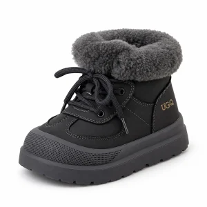 Bottines garçon grises fourrées avec large revers pour hiver