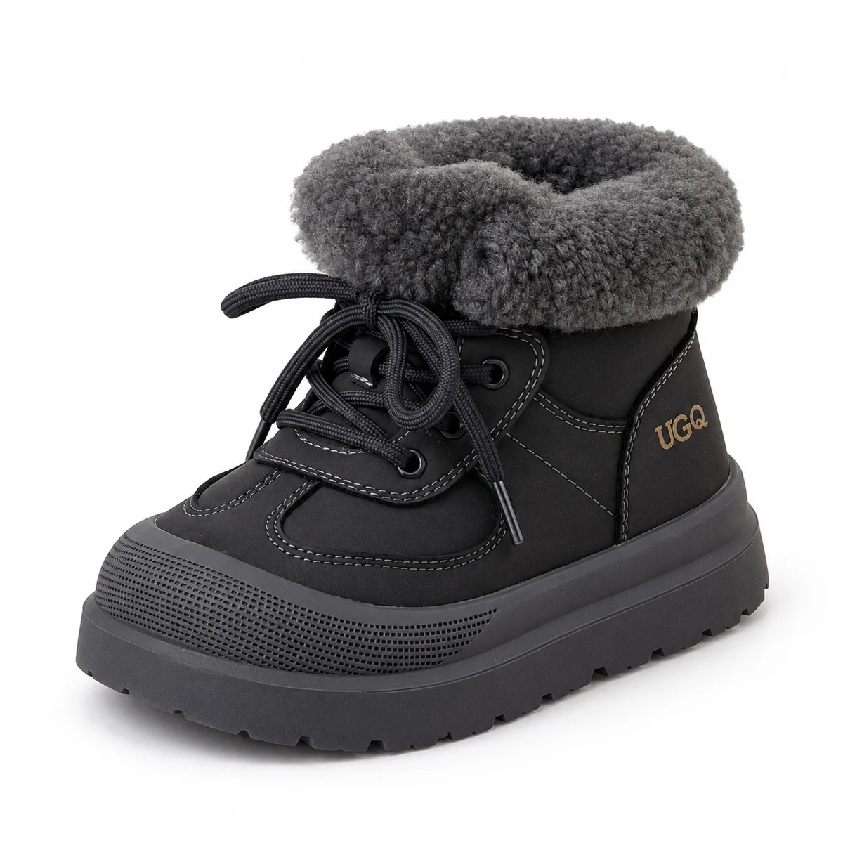 Bottines garçon grises fourrées avec large revers pour hiver