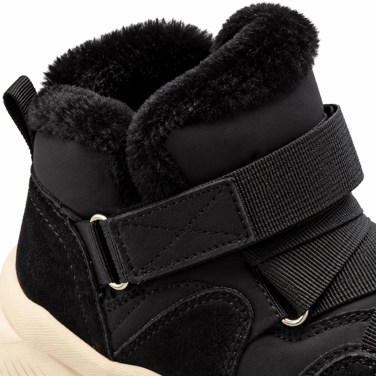Chaussures garçon noires à brides avec col en tissu pelucheux