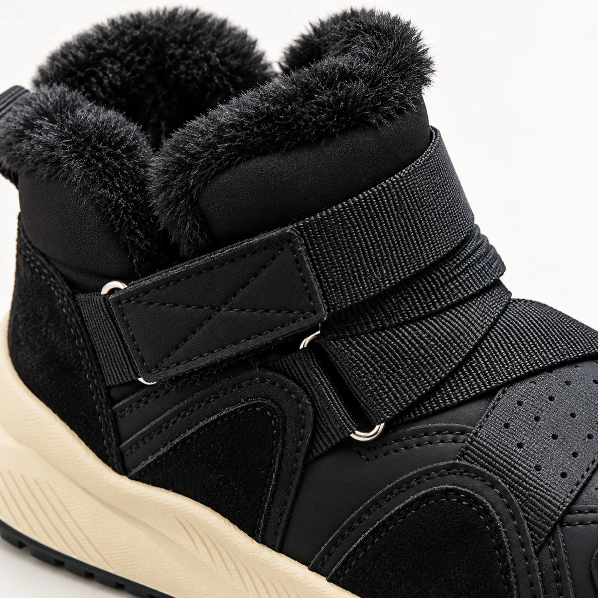 Bottes garçon noires confortables avec double scratchs et fourrure chaude