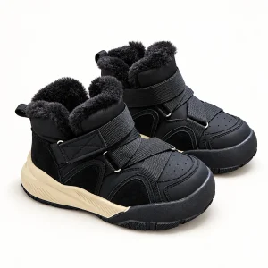 Bottines garçon noires à doubles scratchs et col fourré pour hiver