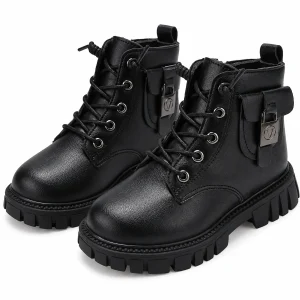 Bottines garçon noires à lacets et bride au col en cuir