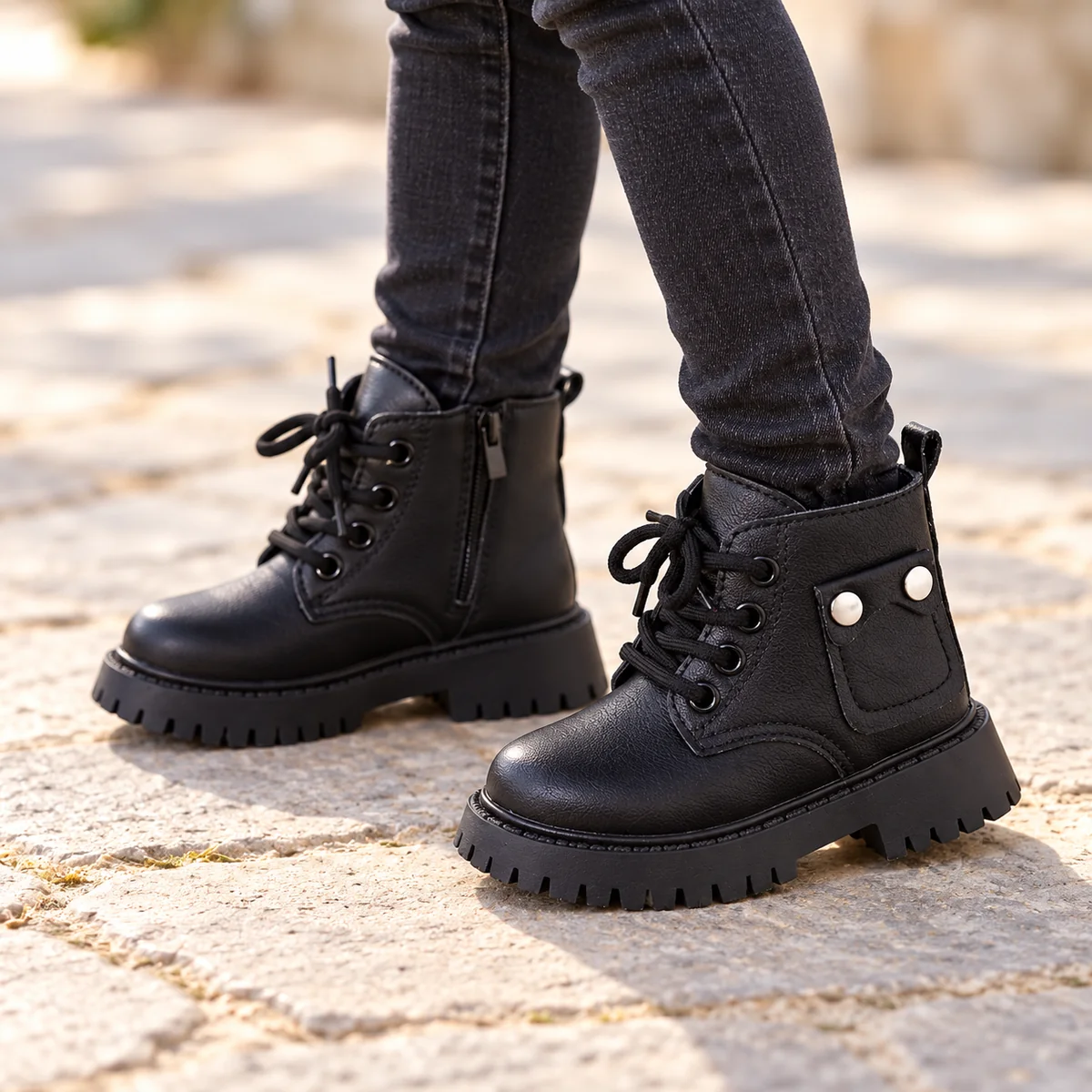 Close-up de Bottines garçon noires avec rivets et lacets