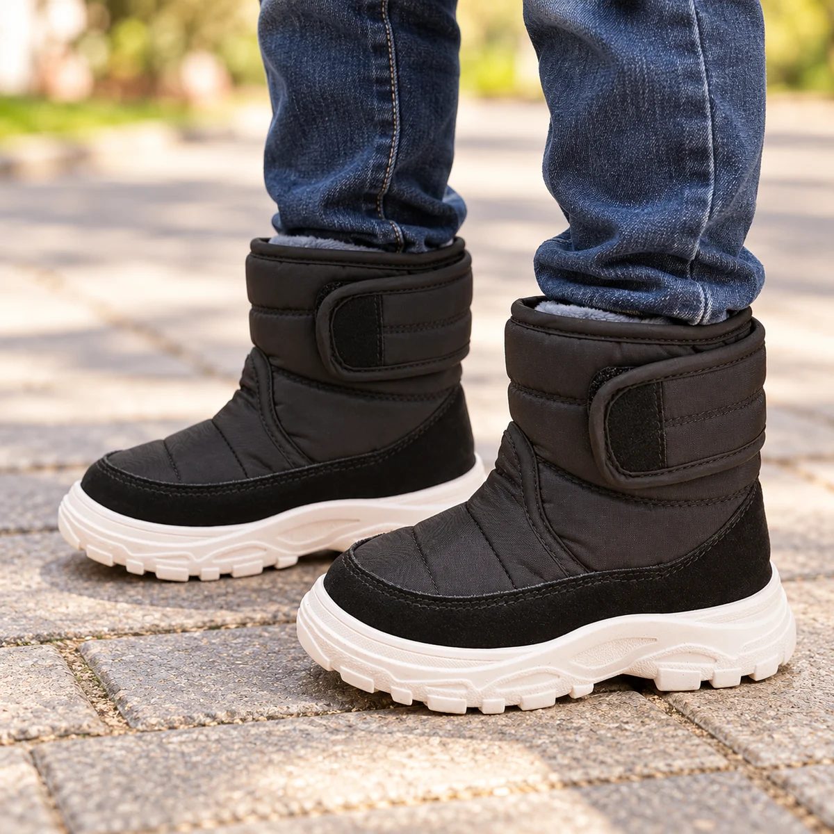 Chaussures garçon à large scratch noires avec semelle blanche confortable