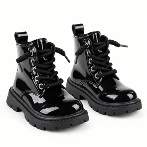 Bottines garçon noires brillantes avec lacets et zip pour enfants