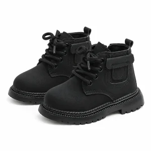 Bottines garçon noires en textile avec lacets et bride