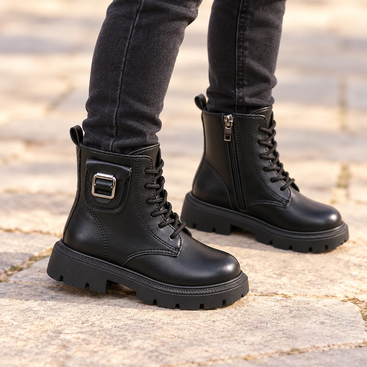 Chaussures garçon noires en cuir avec boucle et fermeture zip