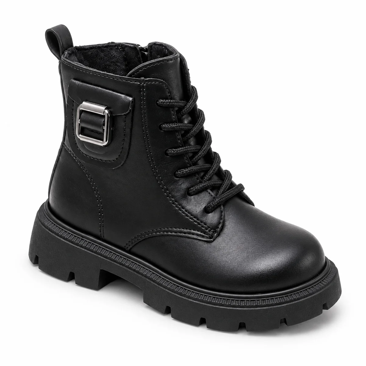 Bottines garçon noires fourrées avec boucle et zip pour hiver