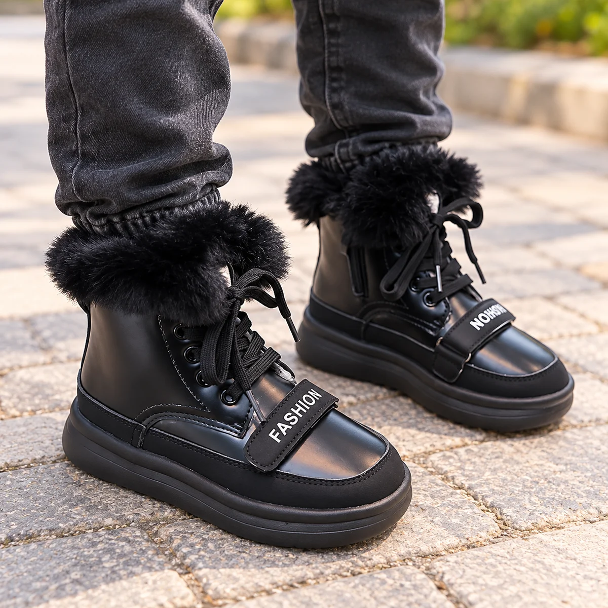 Chaussures garçon noires à lacets et fourrure intérieure pour froid