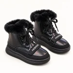 Bottines garçon noires fourrées avec bride et lacets pour hiver