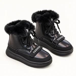 Bottines garçon noires fourrées avec bride et lacets pour hiver