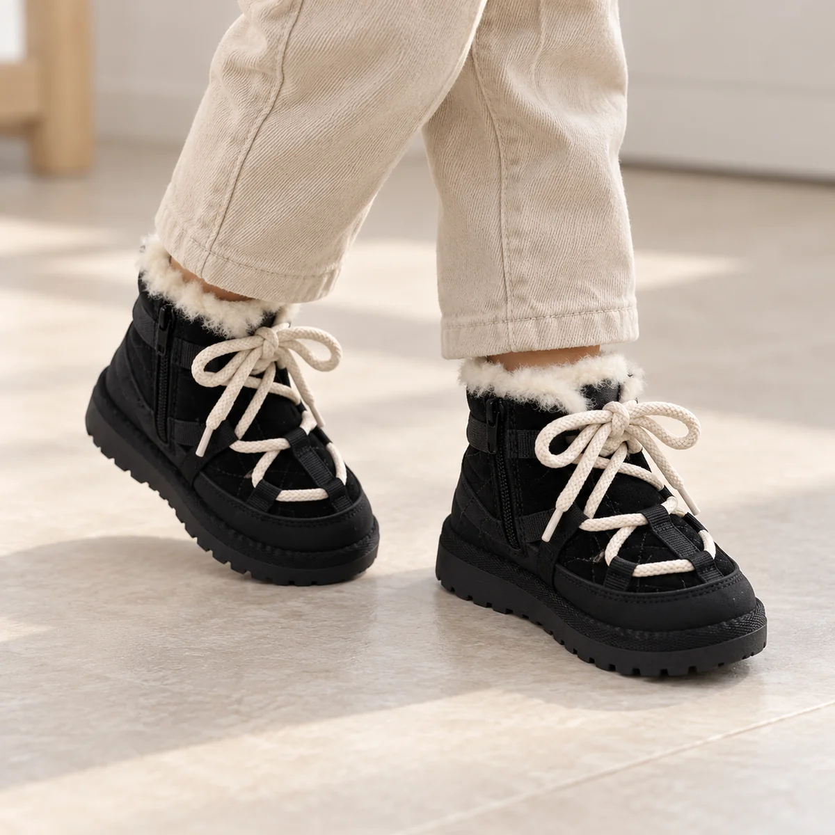 Chaussures garçon en cuir noir avec doublure chaude et lacets clairs
