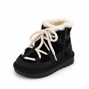 Bottines garçon noires fourrées à lacets clairs pour enfant