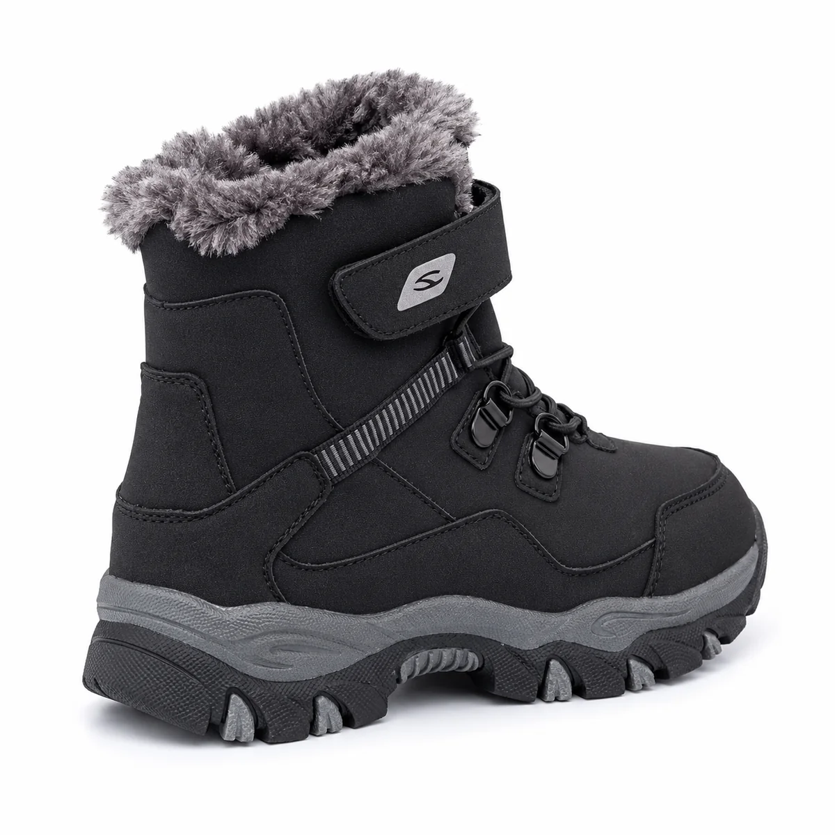 Bottines pour garçon noires fourrées avec lacets et bride en cuir