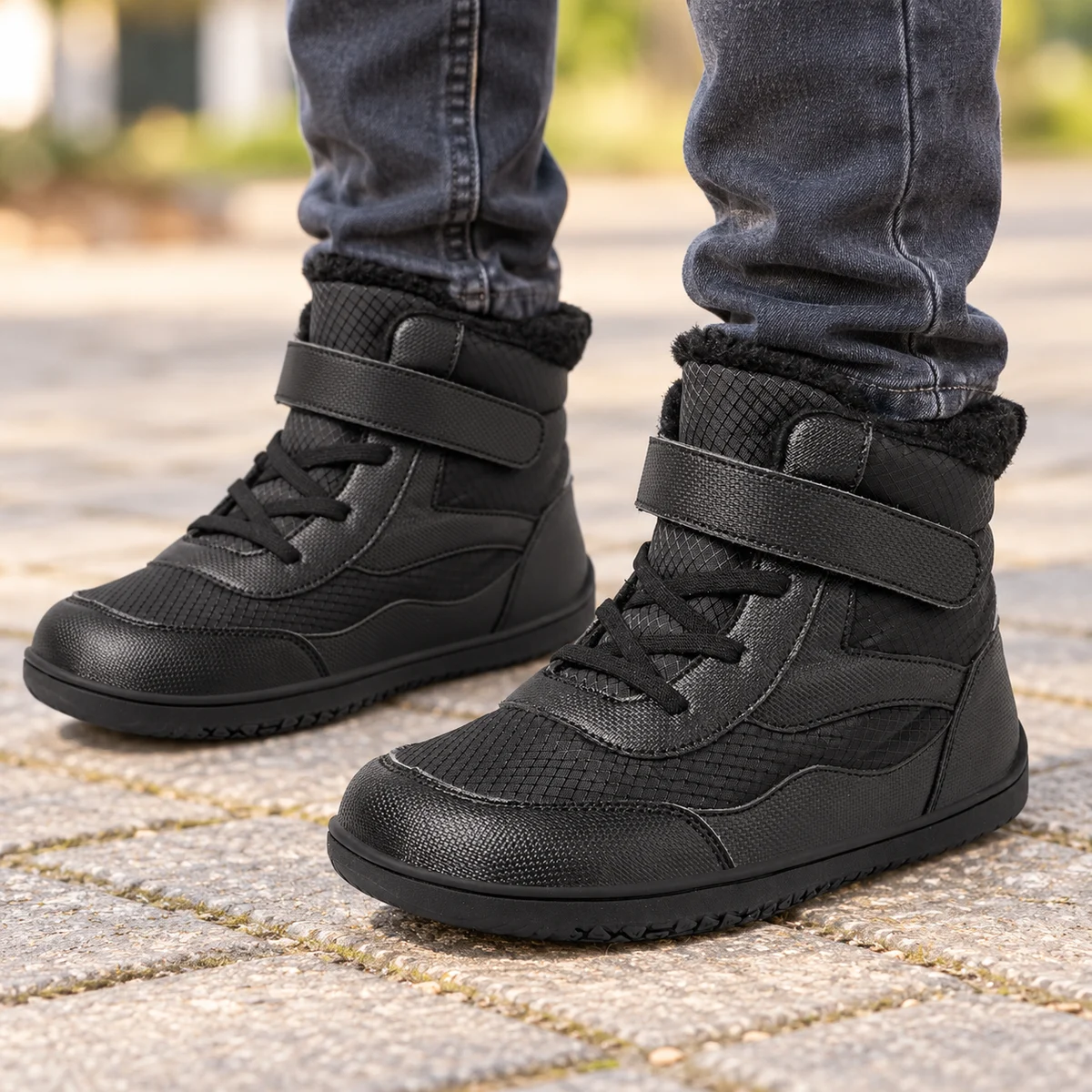 Chaussures garçon noires à scratch et lacets, doublées chaudement