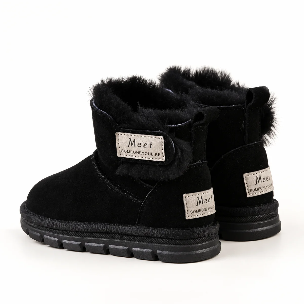 Bottines garçon noires fourrées avec scratch latéral pour hiver