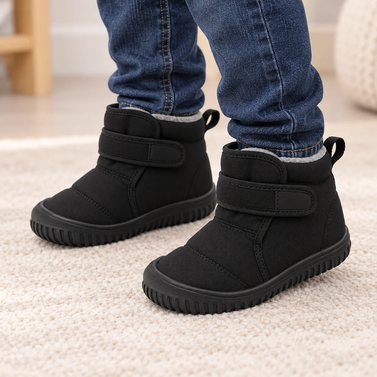 Enfant portant des bottines garçon noires matelassées à scratch
