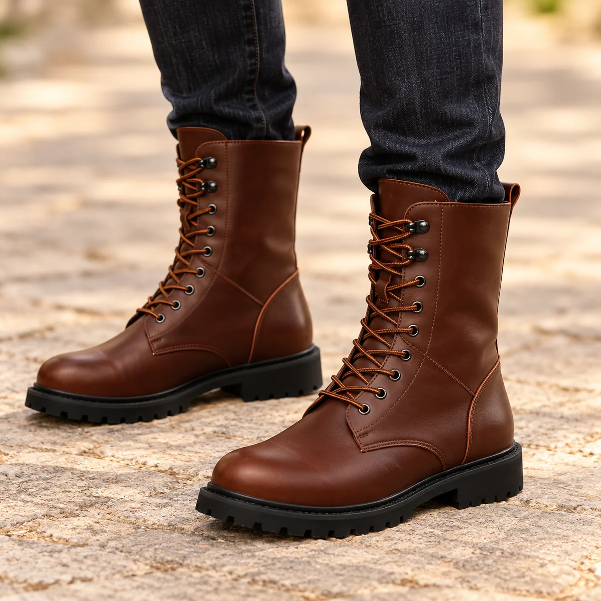 Détail des chaussures marron pour homme avec lacets et talon faible