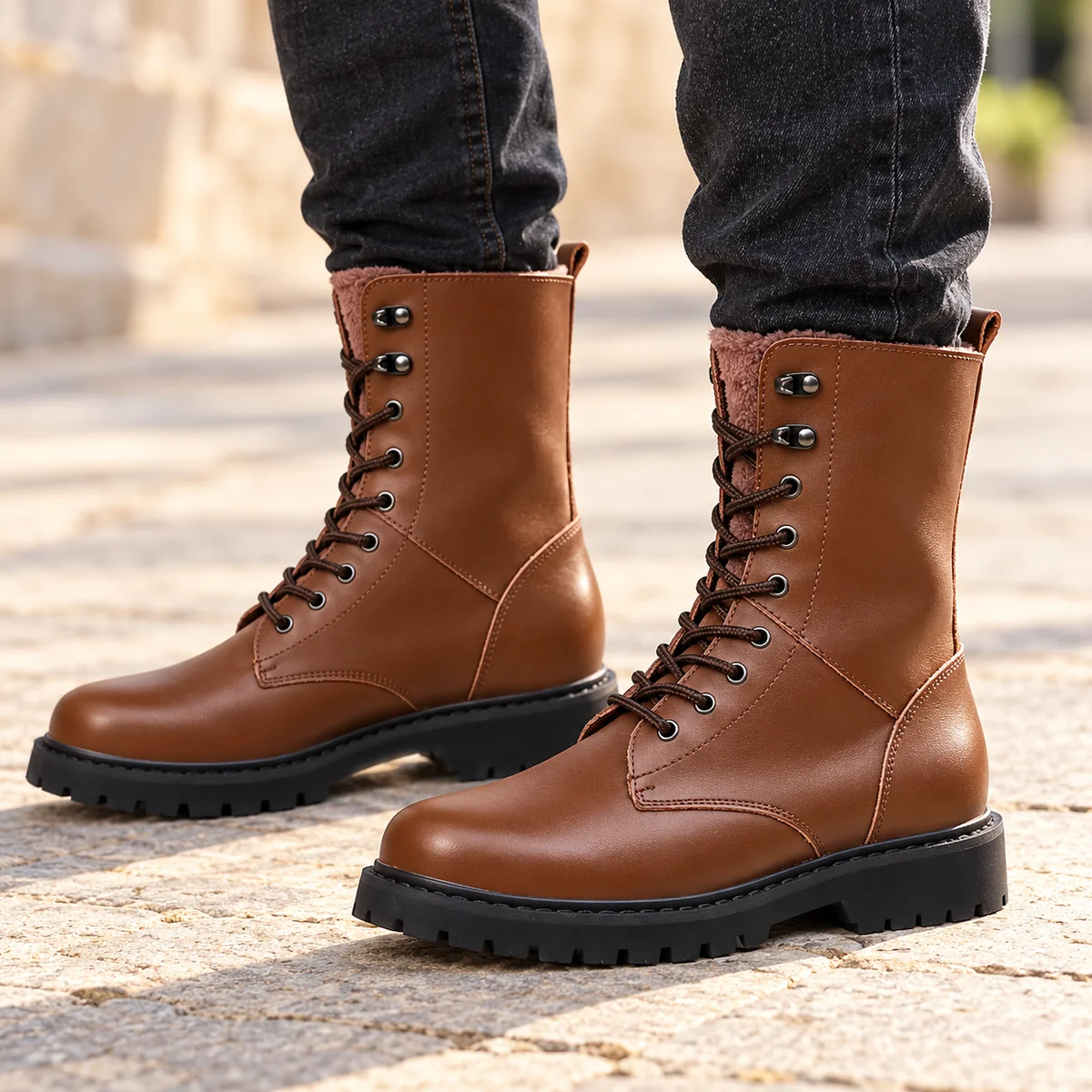 bottines homme marron fourrees a lacage montant et semelle noire porte