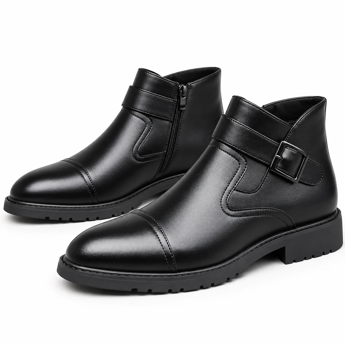 Vue côte de bottines homme noires avec boucle stylée et zip
