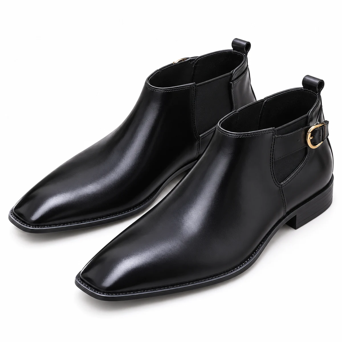 Vue de face des bottines homme noires avec brides en cuir lisse