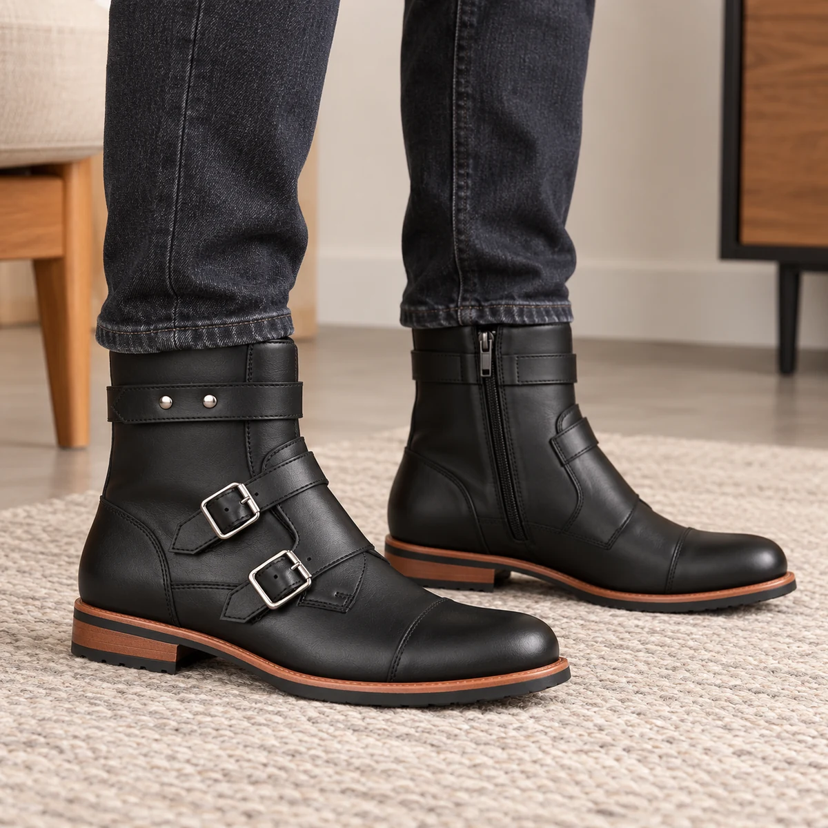 Détail des bottines homme noires à deux boucles et fermeture zip élégantes