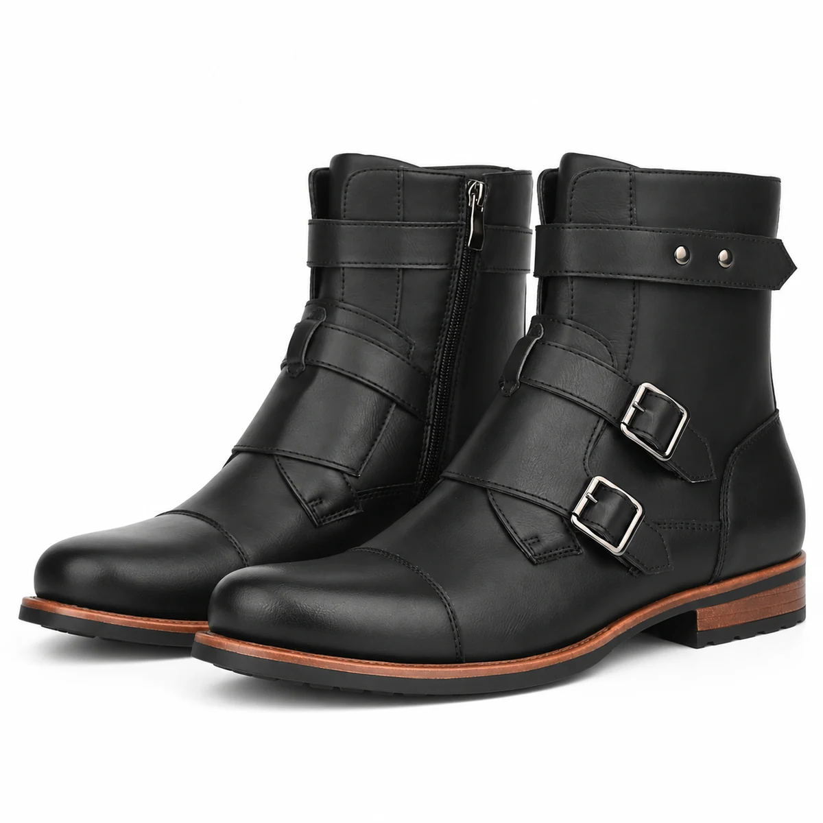 Vue latérale de bottines homme noires avec boucles et fermeture zip