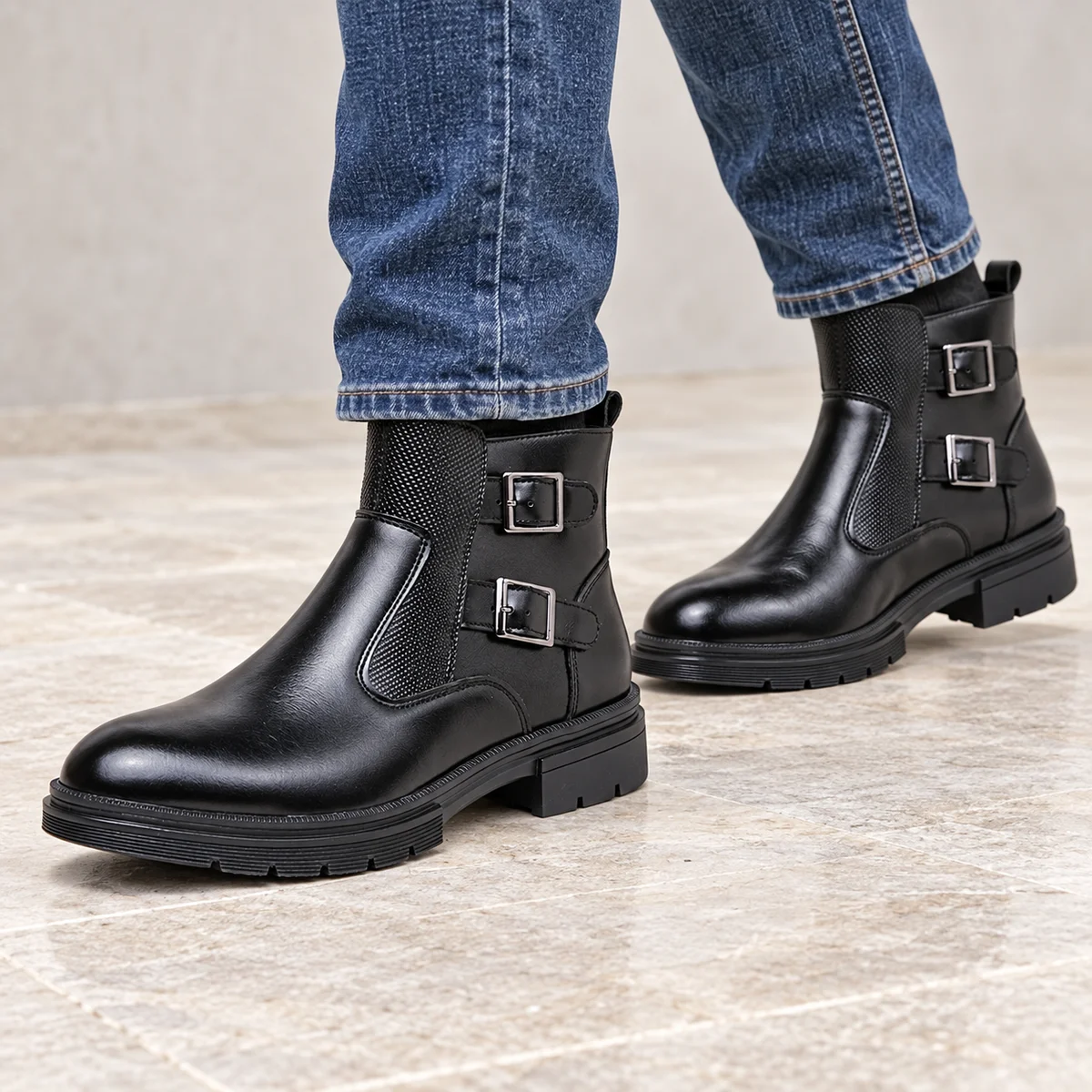 Chaussures pour homme en cuir noir à double boucle et semelle confortable