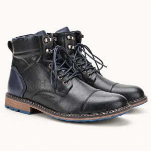 Bottines homme noires en cuir avec lacets et crochets métalliques