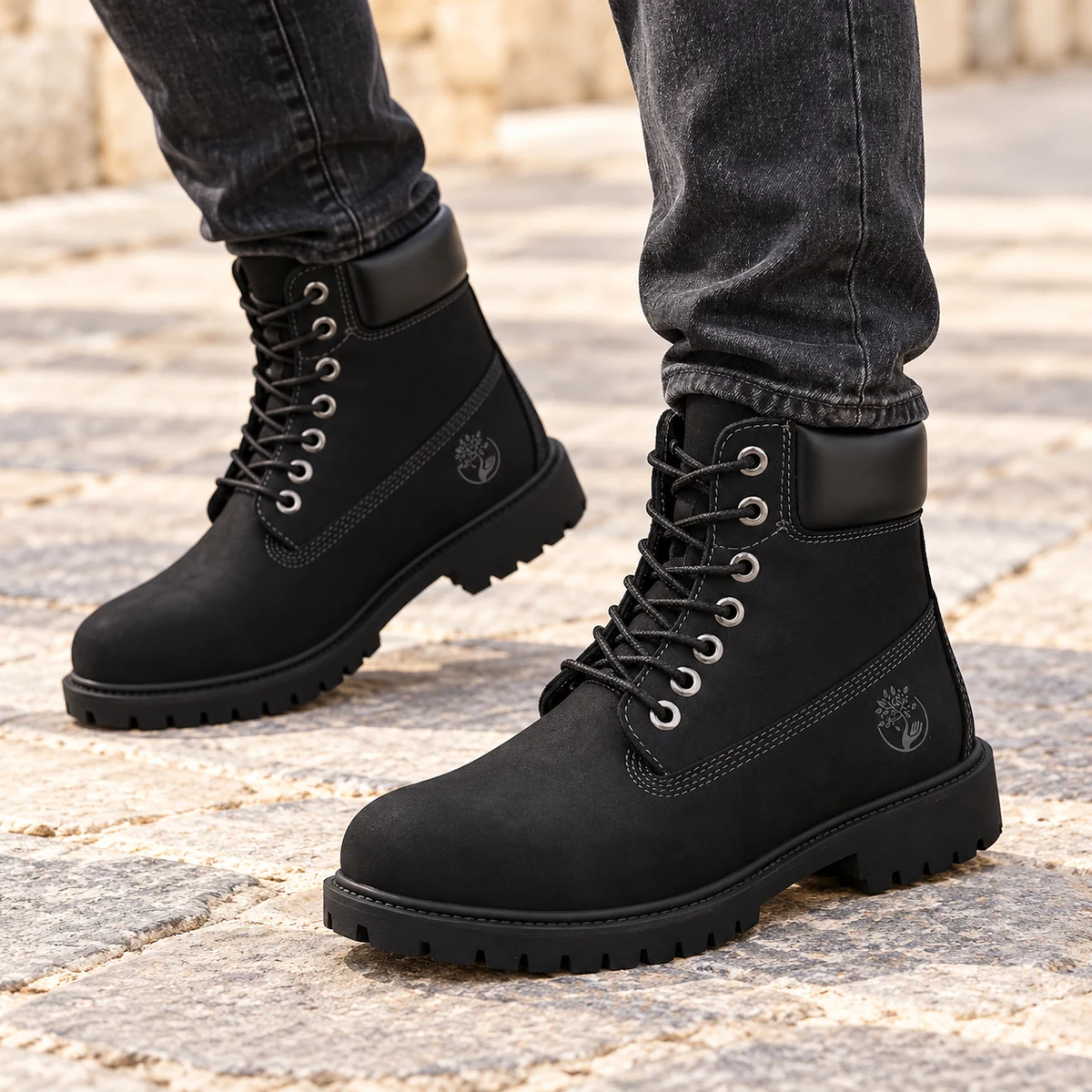 Vue de face des bottines homme noires à lacets avec col lisse moderne