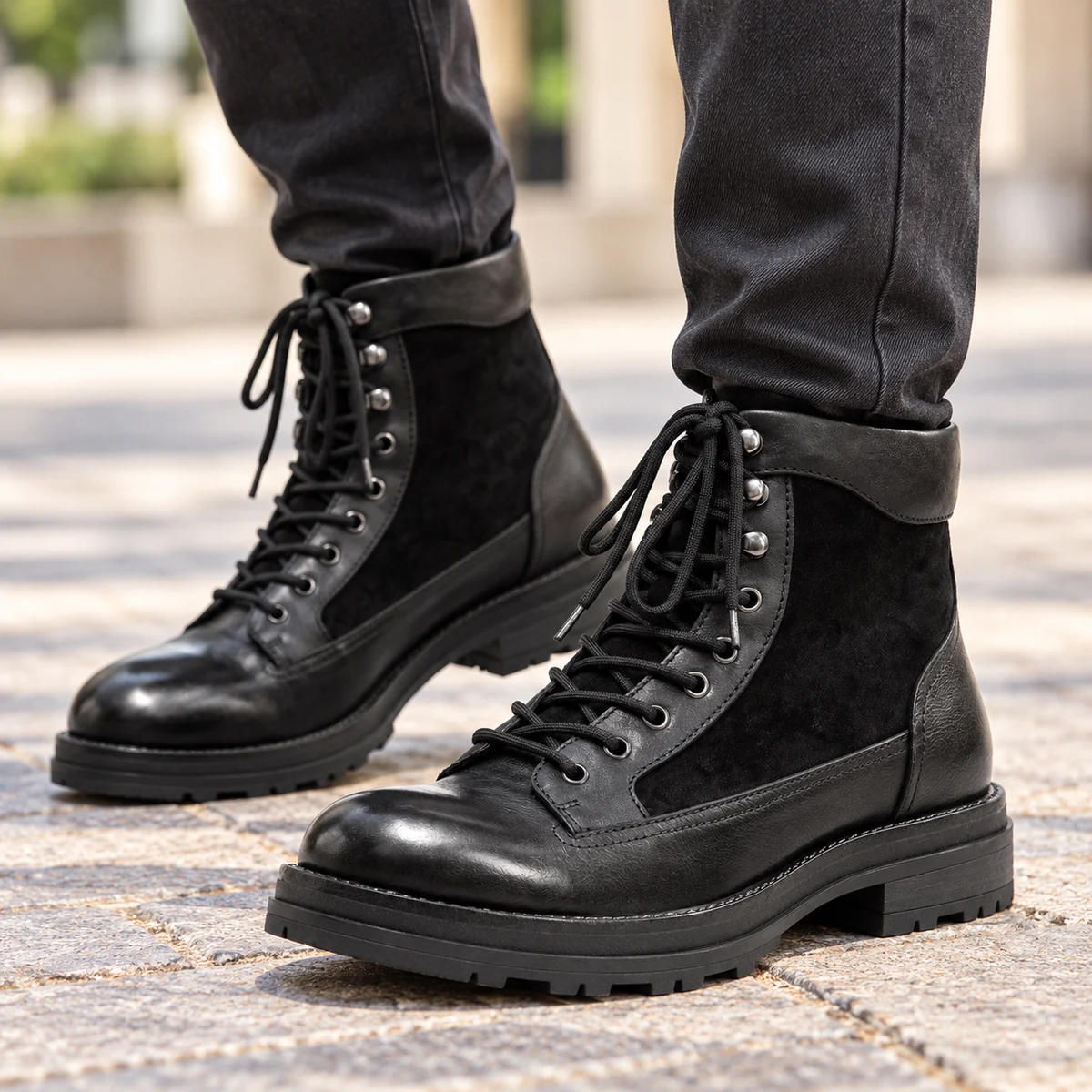 Détail des bottines homme noires à lacets et panneaux veloutés