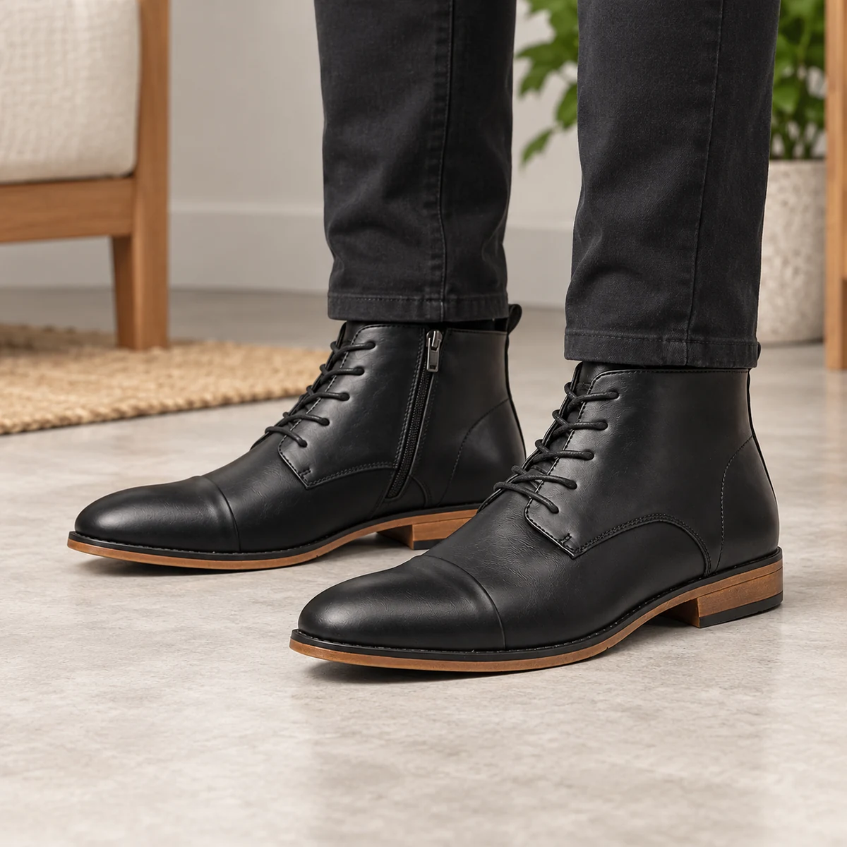 bottines homme noires a lacets et semelle a lisere brun portees