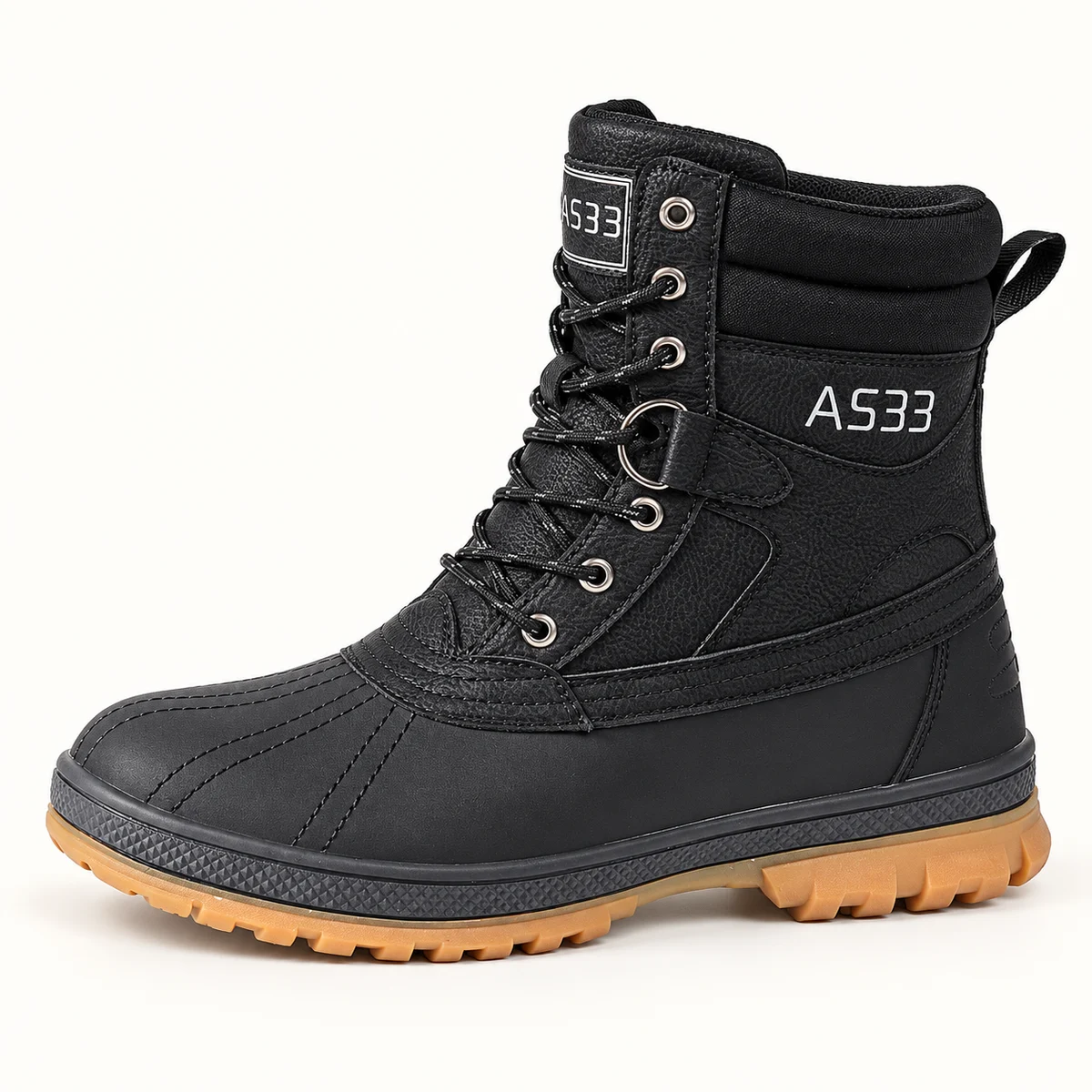 Vue latérale de bottines homme noires à lacets et semelle marron