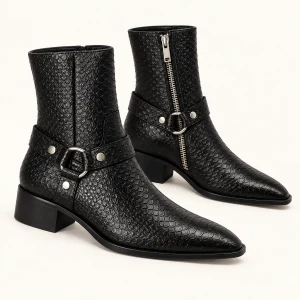 Bottines hommes noires avec relief reptile et boucle élégante