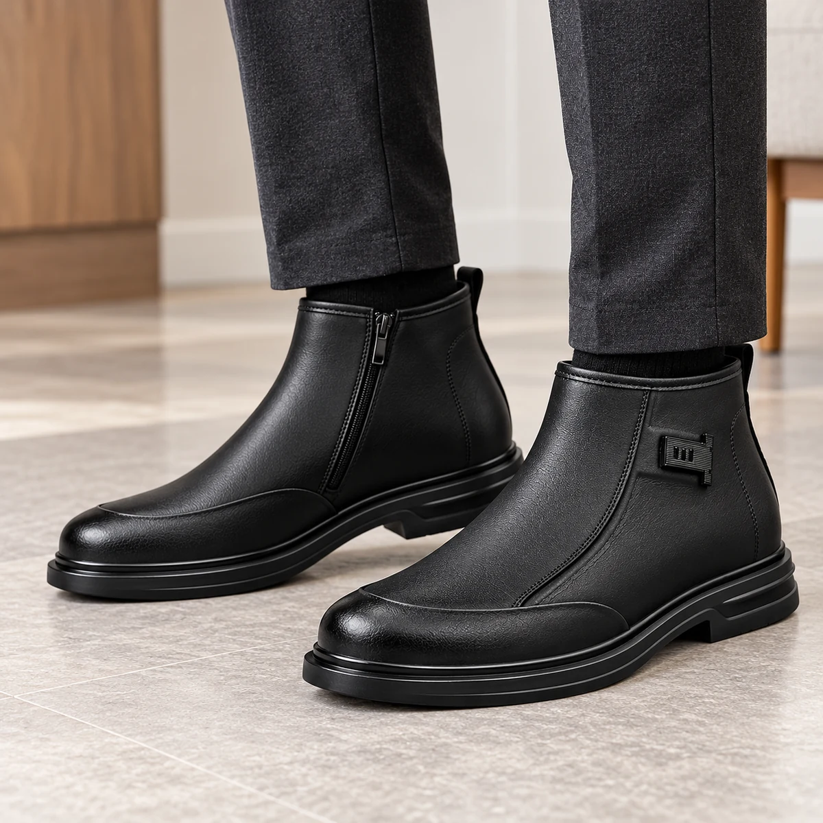 Vue frontale des bottines noires pour homme avec fermeture éclair latérale
