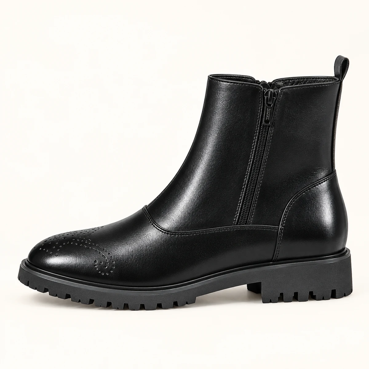 Bottines homme noires à zip et coutures au bout — vue latérale