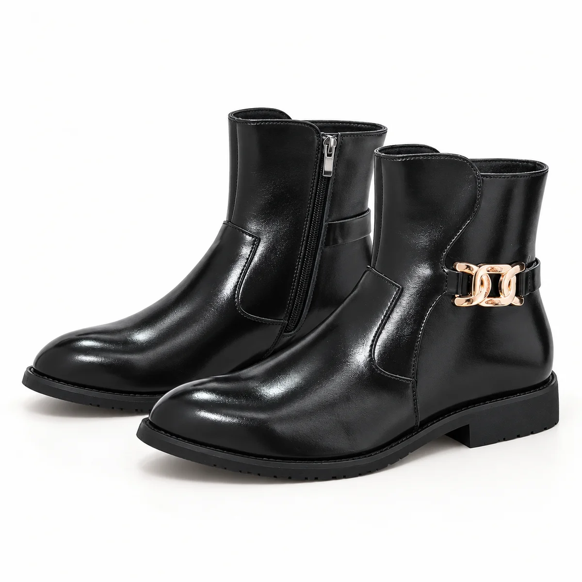 Bottines homme noires brillantes avec bride dorée élégante