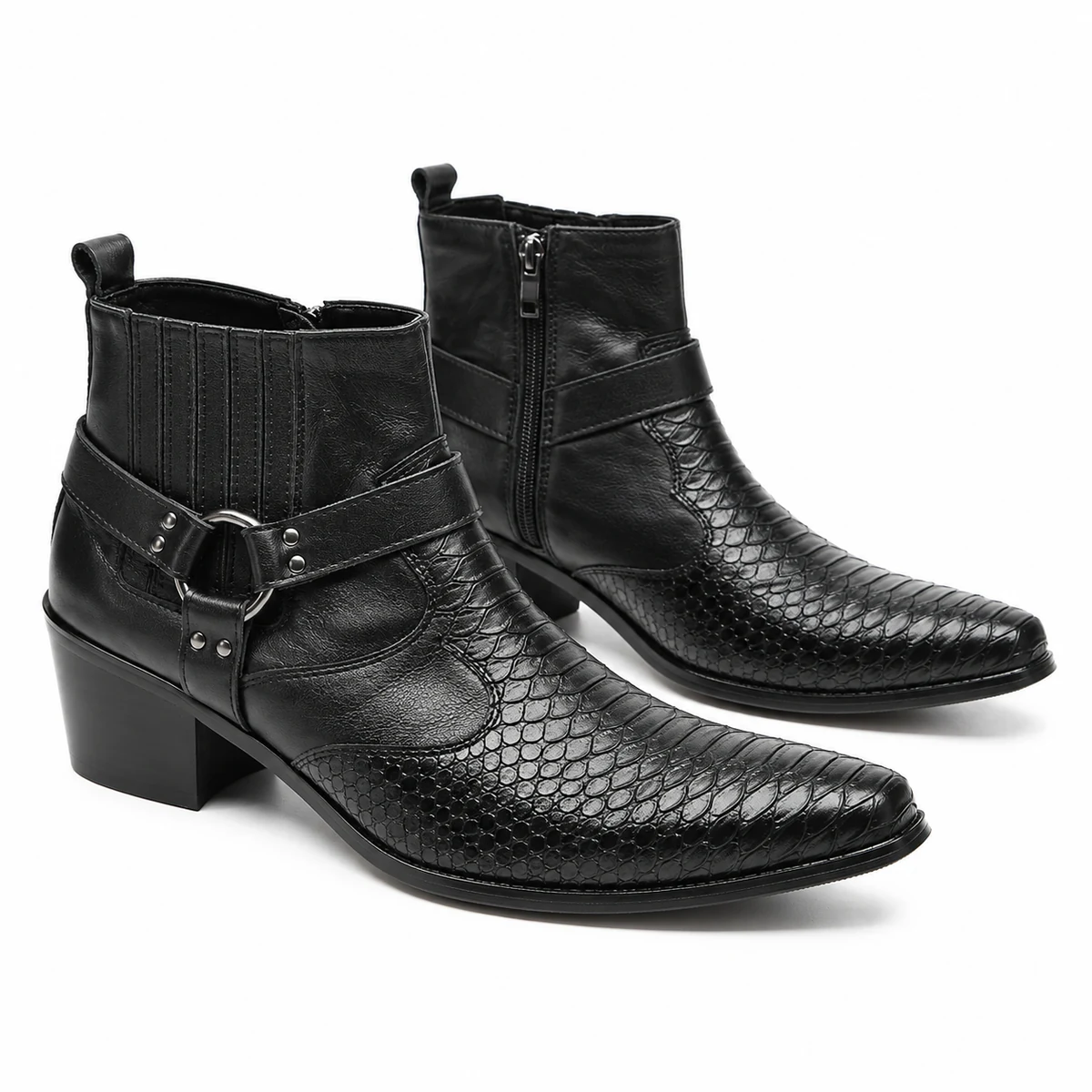 Chaussures homme noires avec effet reptile, brides et talon tendance