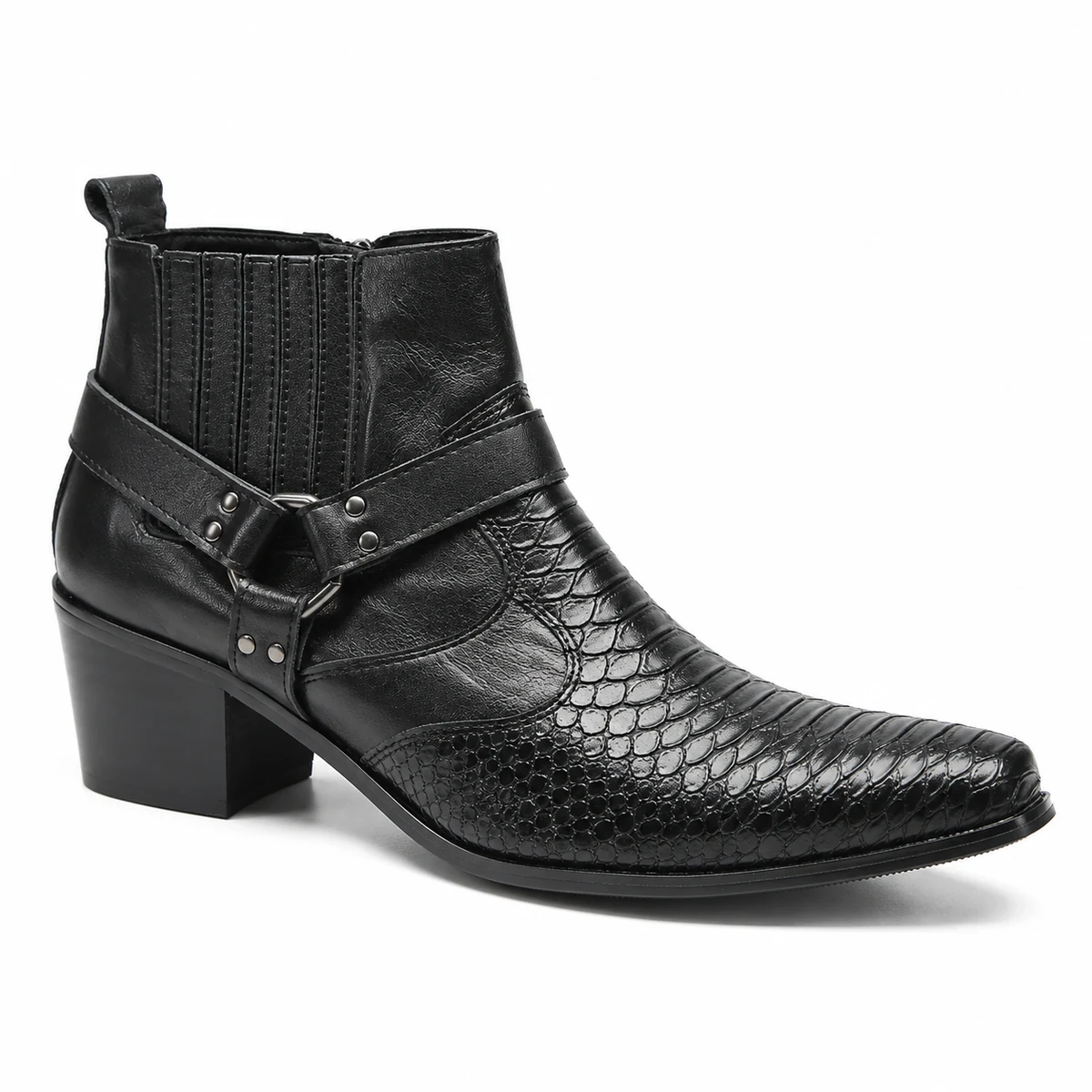 Bottines homme noires effet reptile avec brides et talon élégantes