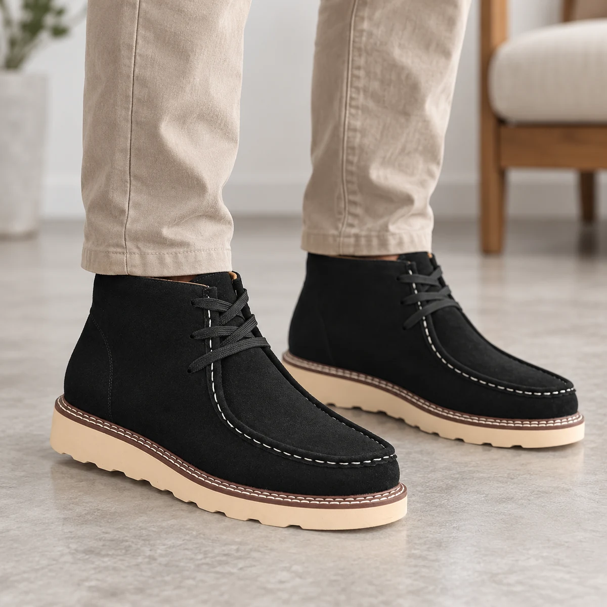 Close-up de bottines homme en suédine noire à lacets et semelle contrastée